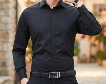 Zwart herenoverhemd grote maten, slim-fit kantoorkleding met lange mouwen