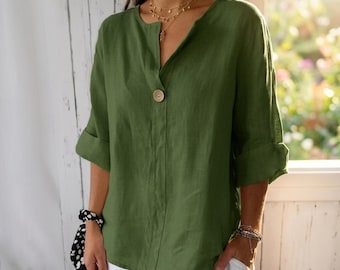 Dames linnen knoopoverhemd, casual blouse met V-hals, losvallende zomertop