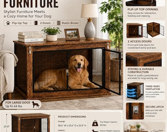 39" Rustic Brown Dog Crate Furniture, Dog Kennel End Table, Flip-Up Top, 2 Doors