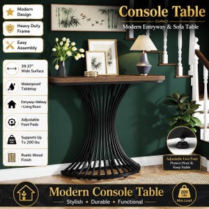 Modern Console Table, Rustic Wood Top, Sculptural Metal Base, Entryway Sofa Table