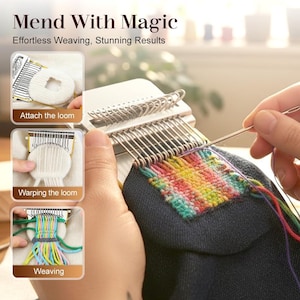 以下が含まれることがあります： カラフルな織りパッチが付いた白とシルバーの織機。画像には「Mend With Magic」と「Effortless Weaving、Stunning Results」というテキストが含まれています。画像には、織機を取り付ける、経糸をかける、織るという手順も示されています。