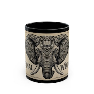 Ornate Elephant Head Eternal Wisdom mug | Black Ceramic Mug