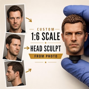 May include: A custom 1:6 scale head sculpt featuring a realistic male likeness with short brown hair and blue eyes. The text CUSTOM 1:6 SCALE HEAD SCULPT FROM PHOTO is displayed alongside three reference photographs showing front and side profiles.