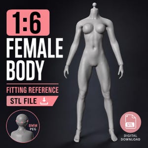 May include: A 1:6 scale gray digital model of a human figure with text reading 1:6 FEMALE BODY FITTING REFERENCE STL FILE and 8MM PEG. The figure is standing with arms at sides, featuring a neck joint for a head attachment in a digital format.