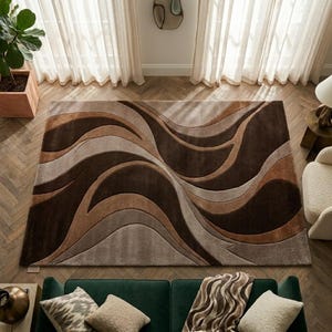 Abstract Wave Area Rug, Modern Neutral Brown Carpet, Contemporary Living Room Rug, Geometric Pattern Floor Rug, Cozy Home Decor