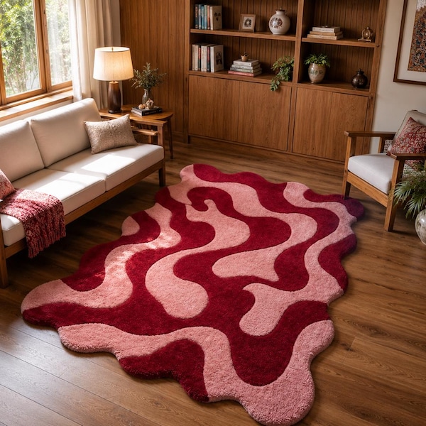 Abstract Wavy Tufted Rug, Pink Red Area Rug, Irregular Shaped Rug, Modern Statement Carpet, Handmade Plush Rug, Retro Wave Floor Mat, Cozy L