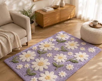Lavender Daisy Tufted Rug, Floral Area Rug, Cute Flower Rug, Handmade Plush Carpet, Aesthetic Bedroom Decor, Boho Nursery Rug