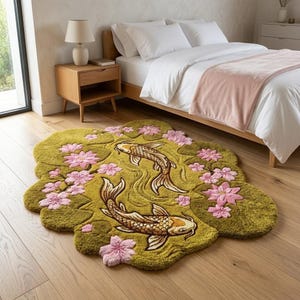 May include: A green rug with a koi carp and floral design. The rug features two koi carp swimming in a pond with pink flowers. The rug is placed on a wooden floor in a bedroom setting.