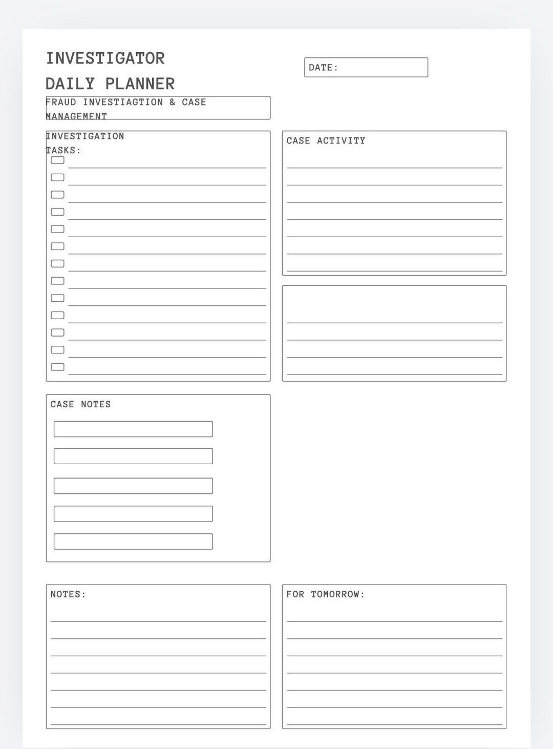 Fraud Log Example Investigator Daily Tracker Template | Fraud Investigation and Evidence ...