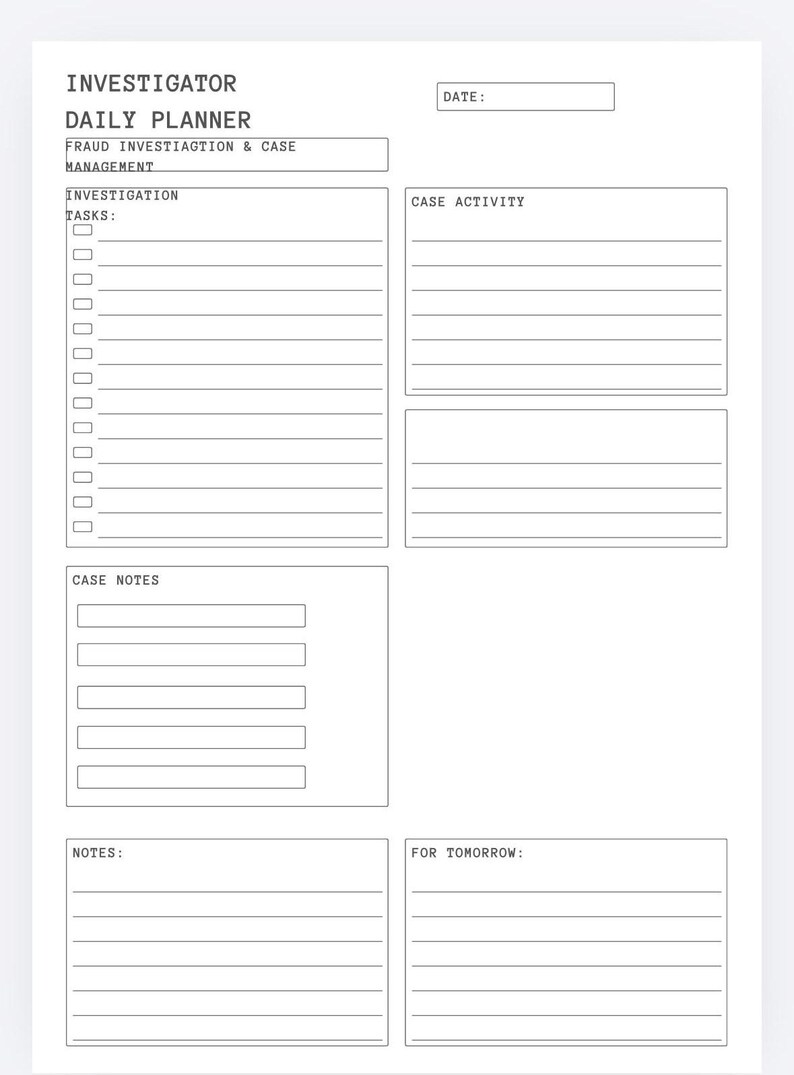 Investigator Daily Tracker Template | Fraud Investigation and Evidence ...