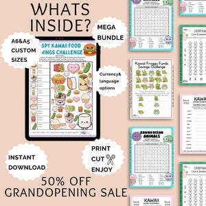 Puede incluir: Un paquete de descarga digital con varios desafíos de ahorro y páginas de actividades con temática kawaii. Incluye un "Spy Kawaii Food Wings Challenge" y otros juegos de búsqueda de palabras y páginas para colorear. La imagen también muestra texto: "What's Inside?" y "50% Off Grand Opening Sale."