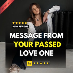 May include: A person wearing a dark gray tank top and a white button-down shirt with dark pants and light-colored sneakers. The image includes text that reads BEST SELLER, HIGH REVIEWS, MESSAGE FROM YOUR PASSED LOVE ONE, and a 5.0 rating with five stars.