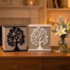 Elegante, handgefertigte Urne für Asche – Holzfaser und Plexiglas – Moderne Gedenkurne – Beileidsgeschenk