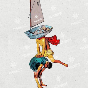 Può includere: Illustrazione artistica surrealista con figure in una composizione insolita. Una persona con una barca a vela come testa è sopra un'altra persona. L'immagine ha uno stile vintage con la parola "PILGRIMALIZE" ripetuta.