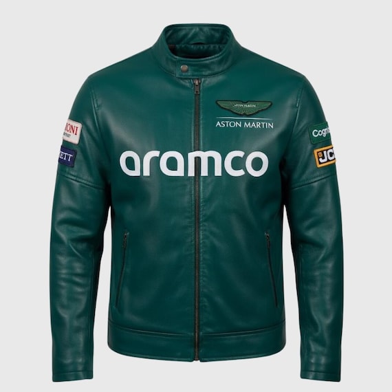 Aston Martin Racing Green Genuine Leather Jacket  | Emerald Green Aramco F1 Style