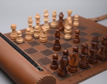 Handcrafted Leather Roll Up Chess Set, Magnetic Wooden Pieces, Personalized Travel Gift
