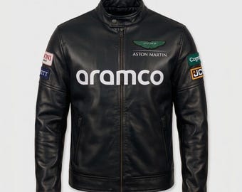 Chaqueta de carreras Aston Martin Aramco F1 hecha a mano / Chaqueta de motorista de cuero genuino negro para deportes de motor / Regalo para fanáticos de la Fórmula 1