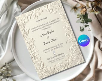 Elegante modello di invito di nozze, invito di nozze floreale avorio in rilievo, completamente modificabile e scaricabile in formato digitale.