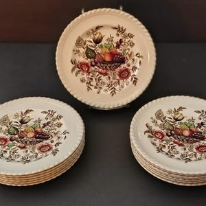 May include: A set of cream-colored ceramic plates with a detailed floral and fruit design. The plates have a rope-like edge and feature a central image of a basket of fruit and flowers. A classic tableware set.