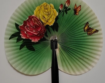 Vintage Hand-Painted Peony Butterfly Paper Fan – Metal Handle, Chinese Sensu