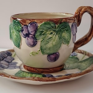 Vintage Fitz and Floyd Grape Arbor Teacup and Saucer Hand-Painted Stoneware Vineyard Kitchen Decor