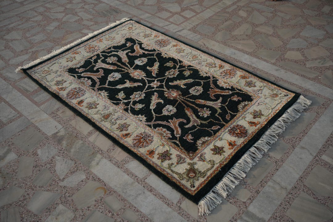 Wool & Silk Mughal Persian Area Rug | Dark Charcoal Floral Handcrafted ...