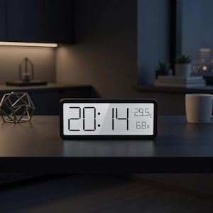 Może przedstawiać: Czarny cyfrowy zegar wyświetla godzinę 20:14, temperaturę 29,5°C i wilgotność 68%. Zegar stoi na ciemnym stole, w tle biały kubek i inne przedmioty. Scena wydaje się być w pomieszczeniu.