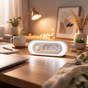 May include: A white digital alarm clock displaying 11:04, with a circular button and a glowing border. The clock sits on a wooden desk, alongside a laptop, a cup of coffee, and decorative items, suggesting a home office or bedroom setting.