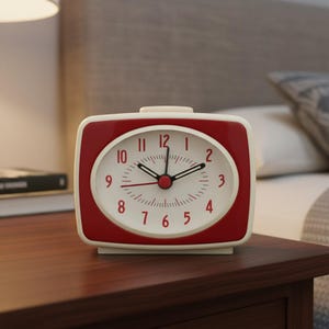 Puede incluir: Un despertador de estilo retro, rojo y blanco. La esfera blanca muestra números y manecillas negras. El despertador, de forma rectangular con esquinas redondeadas, está sobre una superficie de madera marrón oscuro. Sus dimensiones son de unos 10 cm x 10 cm.