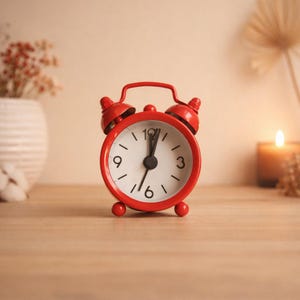 May include: A small, red alarm clock with a white face and black numerals. The clock has a handle and two bells on top. The clock is sitting on a wooden surface. The time is approximately 6:16.