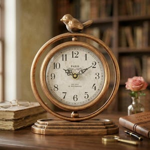 May include: A vintage-style desk clock with a gold-colored frame and a small bird on top. The clock face is cream-colored with black numerals and hands. The clock reads "PARIS" and "EST 1910". The clock is approximately 8 inches tall.
