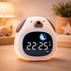 May include: A novelty digital alarm clock in the shape of a dog. The clock face shows the time as 22:25 and the day, Saturday. The clock has brown ears and a brown nose. A moon and stars graphic is displayed above the time.