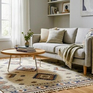 May include: A living room scene featuring a light gray sofa with throw pillows and a blanket. A round wooden coffee table sits on a patterned rug. A floor lamp and potted plant add to the cozy atmosphere. The room has a neutral color palette.