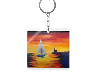 Sailboat Sunset Square Keychain | Lighthouse Nautical Scene