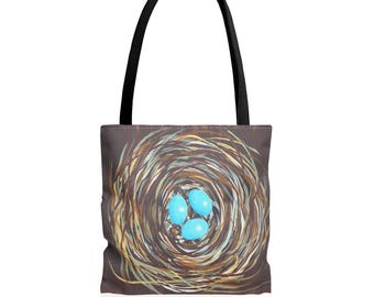 Blue Robin Egg Nest tote bag | bird nest illustration, spring nature print