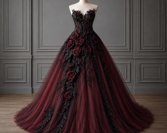 Abito da sposa gotico nero e rosso, abito da ballo dark romance, abito da sposa da vampiro, abito da principessa in tulle cremisi