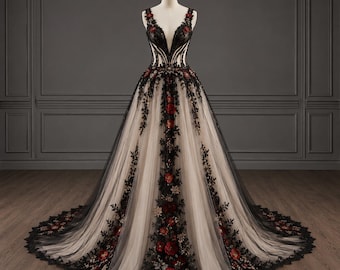 Black Floral Wedding Dress, Gothic Rose Bridal Gown, Alternative Corset Ballgown, Dark Romance Couture