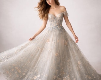 Ice Blue Boho Wedding Dress, Off Shoulder Floral Applique Bridal Gown, Romantic Tulle Engagement Dress, Garden Bride A Line Custom Dress