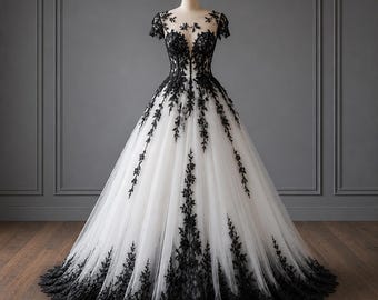 Schwarze Spitze Gothic Brautkleid, Tüll Ballkleid, Dark Romance Brautmode, viktorianische Couture, elegantes Hochzeitsoutfit