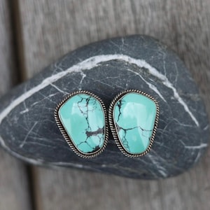 May include: A pair of turquoise stud earrings. Each earring features a light blue stone with dark veining, set in a silver-colored metal frame with a twisted rope design. The earrings are displayed on a dark gray stone.