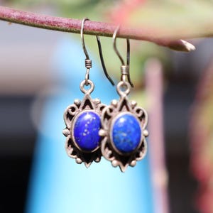 Vintage Sterling Silver Lapis Lazuli Earrings, Southwest Hook Back Dangle, Mexican Modernist 925 Estate Jewelry