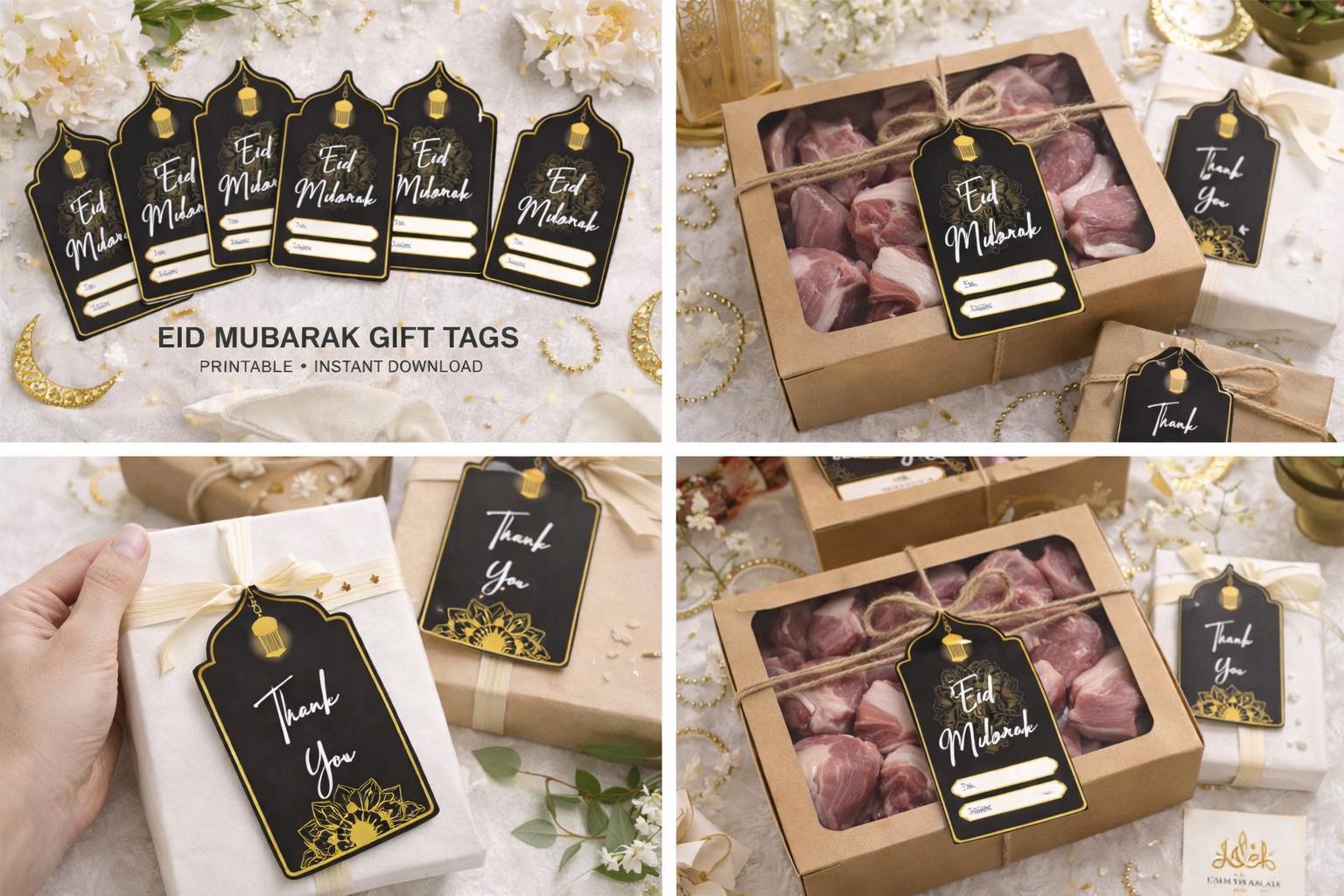 Islamic Tag Rectangular Eid Mubarak Gift Tags Printable, Black Gold Eid Tags, Qurbani Meat Box ...