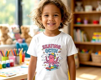 Cute Skating Octopus Toddler Shirt - Funny Ocean Animal Kids T-Shirt - Rainbow Skateboard Pink Tee - Toddler Graphic Tee