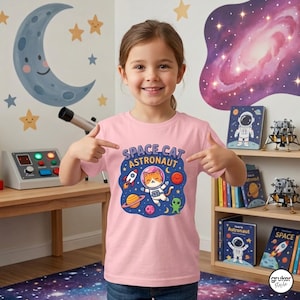 Kids' Cute Space Cat Astronaut T-Shirt - Fun Kitten in Space T-Shirt - Pink Rocket and Universe T-Shirt - Graphic Tee for Kids. Great Gift