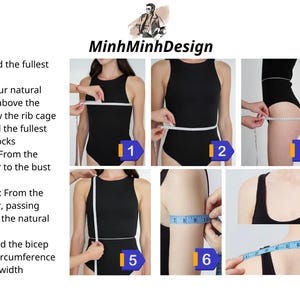 May include: An instructional guide by MinhMinhDesign featuring eight numbered diagrams showing how to measure body dimensions for clothing. The images display a person in a black bodysuit using white and blue measuring tapes for bust, waist, hips, shoulder, bicep, and armhole measurements.