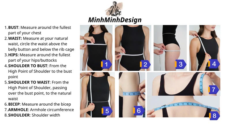 May include: An instructional guide by MinhMinhDesign featuring eight numbered diagrams showing how to measure body dimensions for clothing. The images display a person in a black bodysuit using white and blue measuring tapes for bust, waist, hips, shoulder, bicep, and armhole measurements.