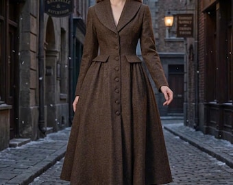 May include: A brown wool-blend coat dress featuring a notched lapel, a fitted bodice with a row of buttons down the front, and a flared midi-length skirt. The garment is paired with a matching brown beret and black lace-up boots.