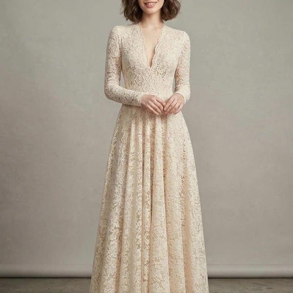 Long Sleeve Lace Wedding Dress For Civil Ceremony, Modest V Neck Bridal Gown, Elegant A Line Floor Length Engagement Dress, Cream Boho Maxi