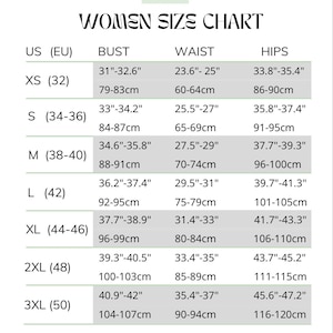 May include: A size chart for clothing featuring a table with columns for US and EU sizes, bust, waist, and hip measurements in both inches and centimeters. The chart ranges from XS to 3XL and includes the text: Please let me know if you'd like to order with custom measurements.