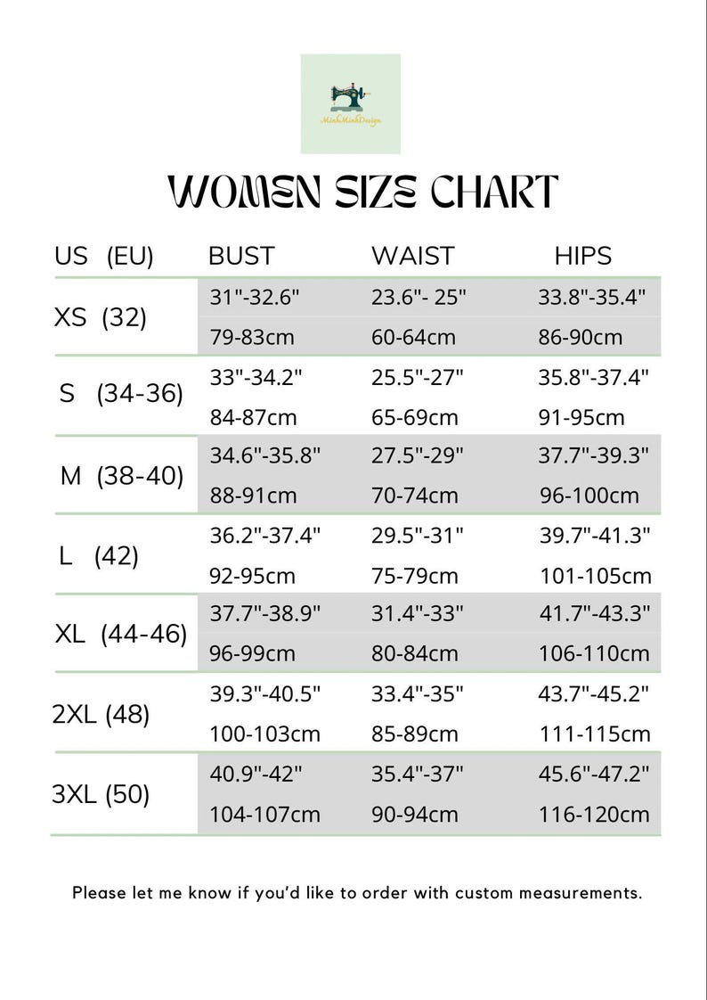 May include: A size chart for clothing featuring a table with columns for US and EU sizes, bust, waist, and hip measurements in both inches and centimeters. The chart ranges from XS to 3XL and includes the text: Please let me know if you'd like to order with custom measurements.